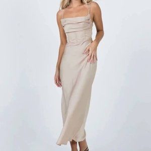 Princess Polly Champagne Lillie Corset Open Back Satin A-line Midi Dress 2 US